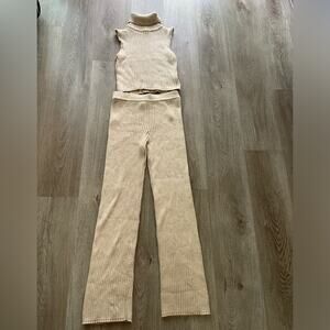 lusana thea tan knit lounge ankle pants + turtleneck knit crop top set Small NEW